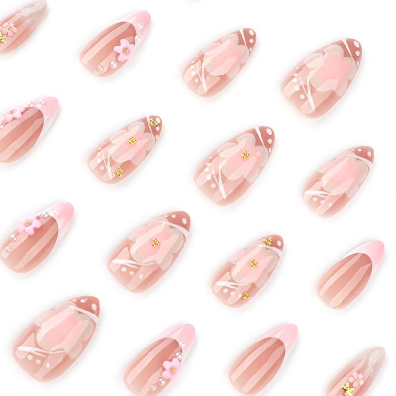 Foccna French Press on Nails Pink Short, 3D Flower Fake Nails Almond Acrylic False Nails White,Artificial Nails for Women and Girls 24pcs - Image 3